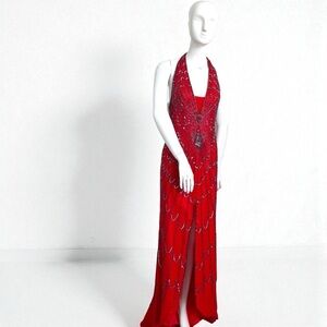 Vintage Red Beaded Gown Art Deco Revival Halter Dress | Old Hollywood Glamour 4